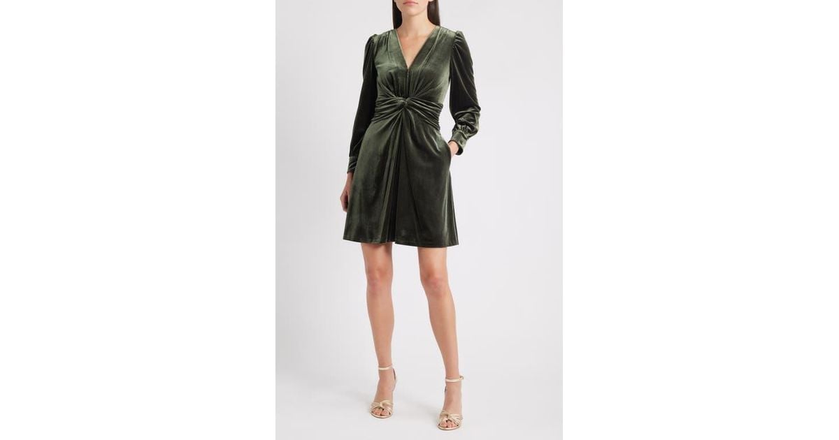 Vince Camuto Twist Front Long Sleeve Velvet Fit & Flare Dress in Black |  Lyst