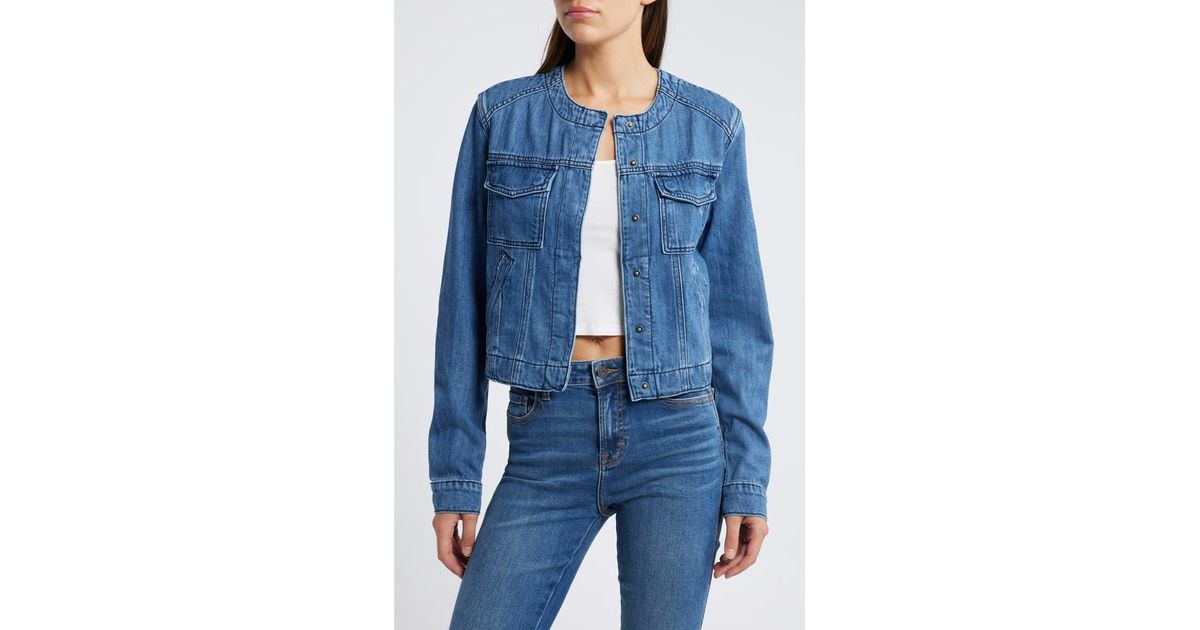 Hidden Jeans Collarless Denim Trucker Jacket in Blue | Lyst