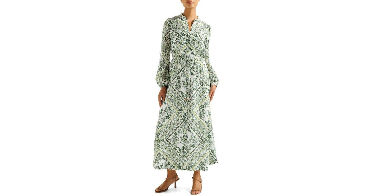 EVER NEW Penelope Printed Long Sleeve Maxi Shirtdress in Green | Lyst