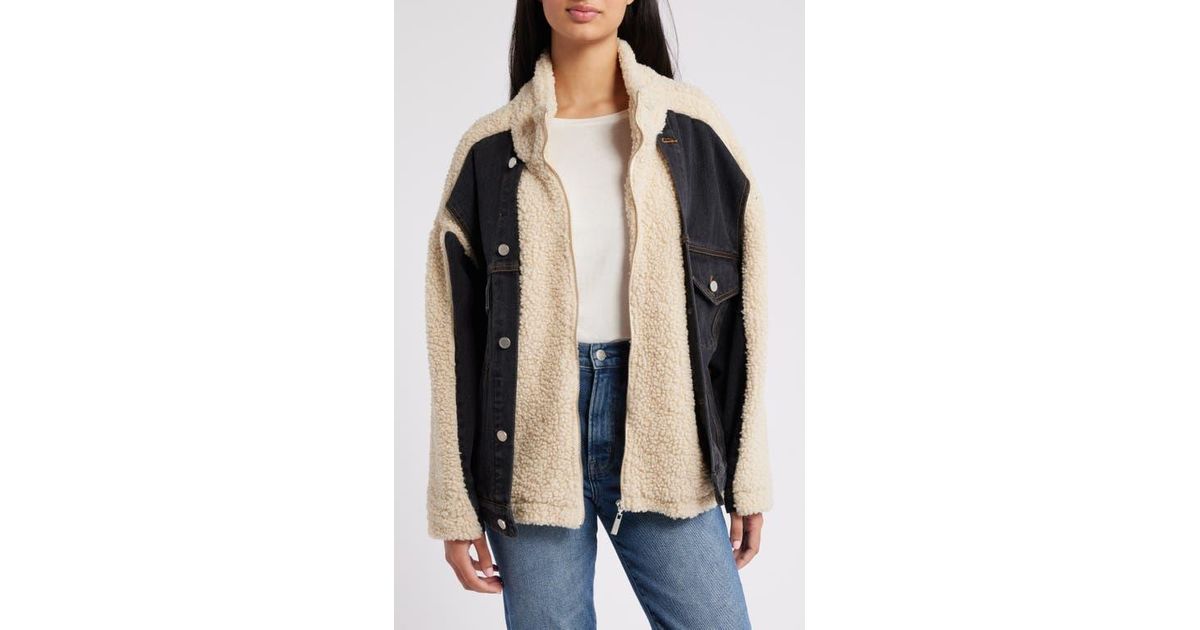 Blank NYC High Pile Fleece & Denim Trucker Jacket in Black | Lyst