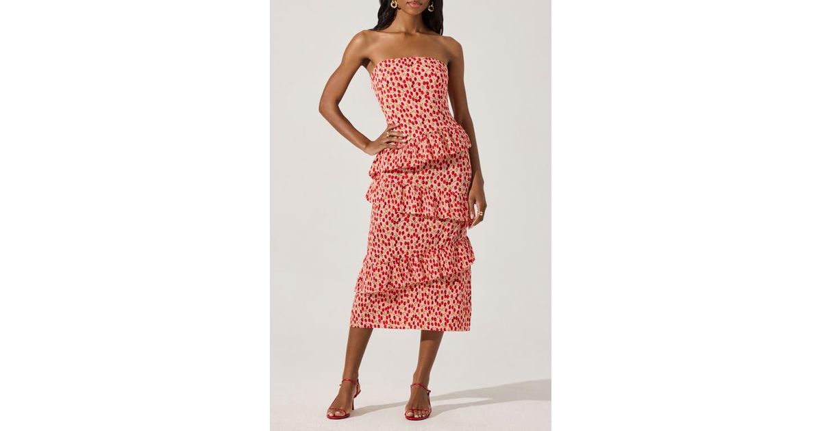 Astr Plissé Asymmetric Tiered Ruffle Strapless Midi Dress