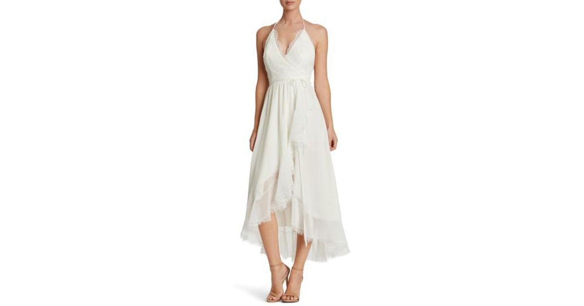 white chiffon wrap dress