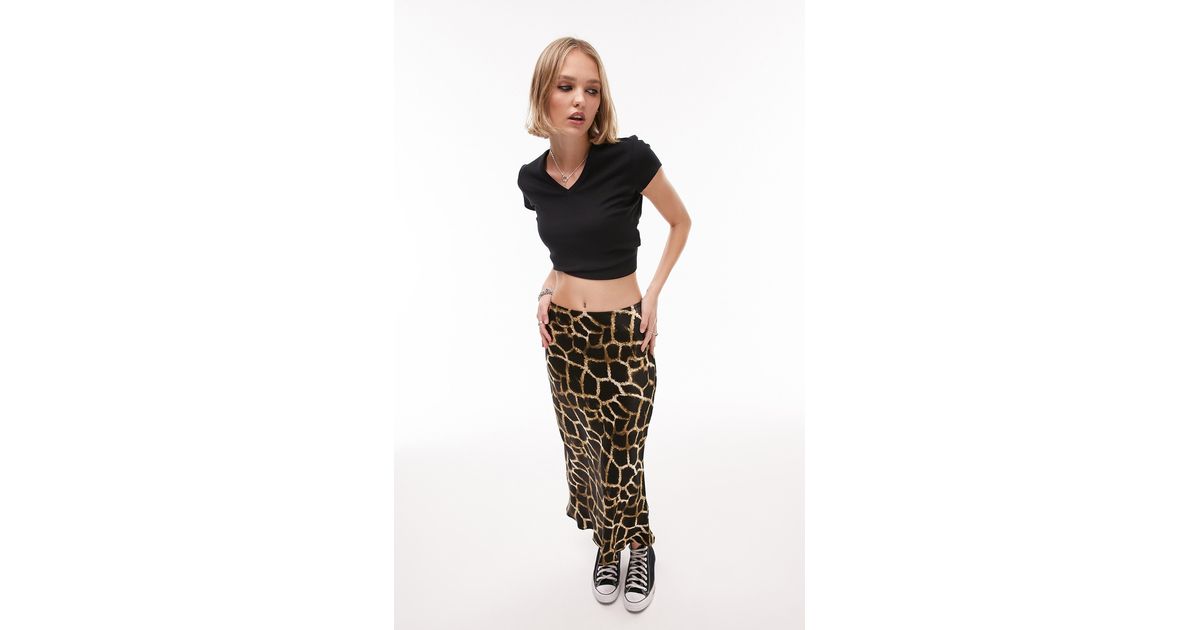TOPSHOP Animal Print Satin Maxi Skirt in Black | Lyst