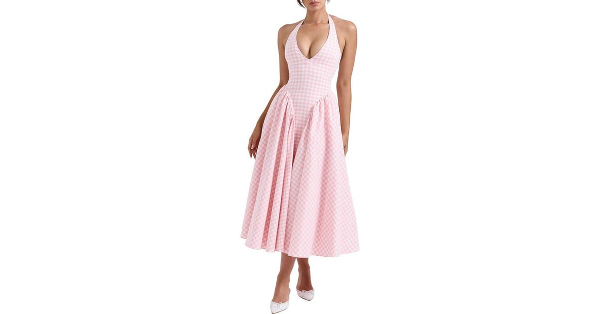 House Of Cb Marilyn Gingham Halter Midi Sundress in Pink | Lyst