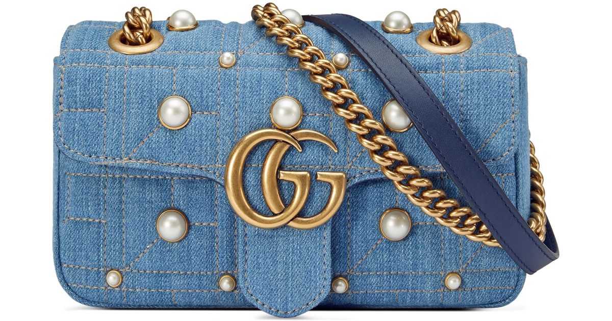 Gucci Gg Marmont 2.0 Imitation Pearl Embellished Denim Crossbody Bag in