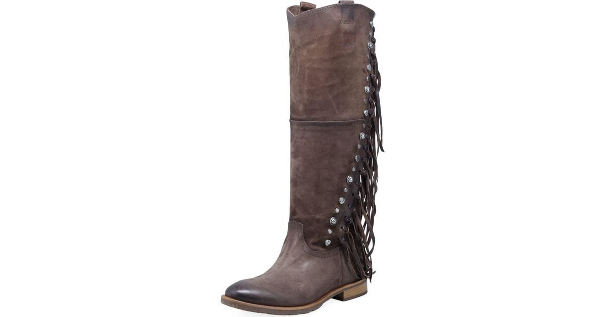 A.s.98 Ilke Studded Fringe Western Knee High Boot in Brown | Lyst