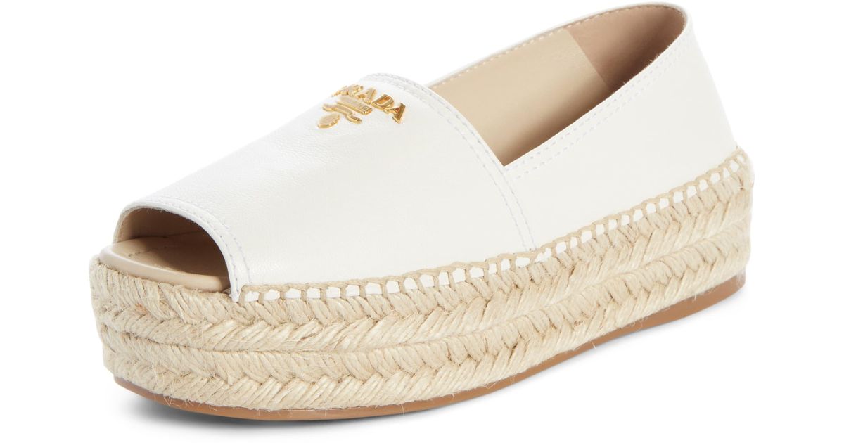 Prada Leather Peep Toe Platform Espadrille in White - Lyst