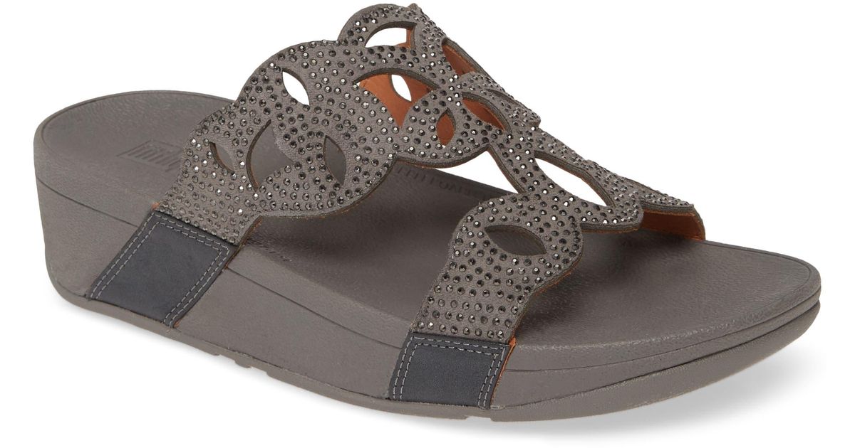 Fitflop Elora Crystal Slide Sandal in Pewter Leather (Brown) - Lyst