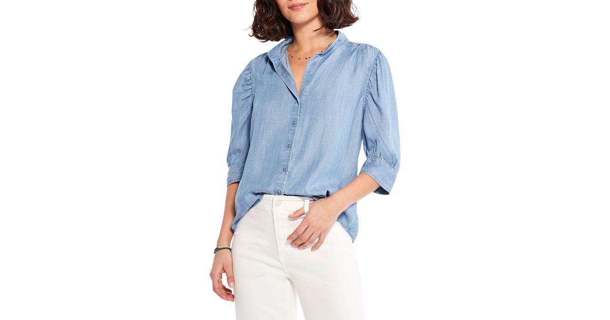 NIC+ZOE Nic+zoe Puff Sleeve Button Front Denim Blouse in Blue | Lyst
