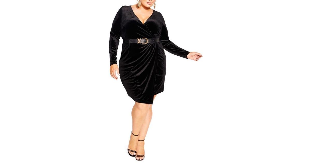 City Chic Wrap Bodice Long Sleeve Velvet Dress in Black | Lyst