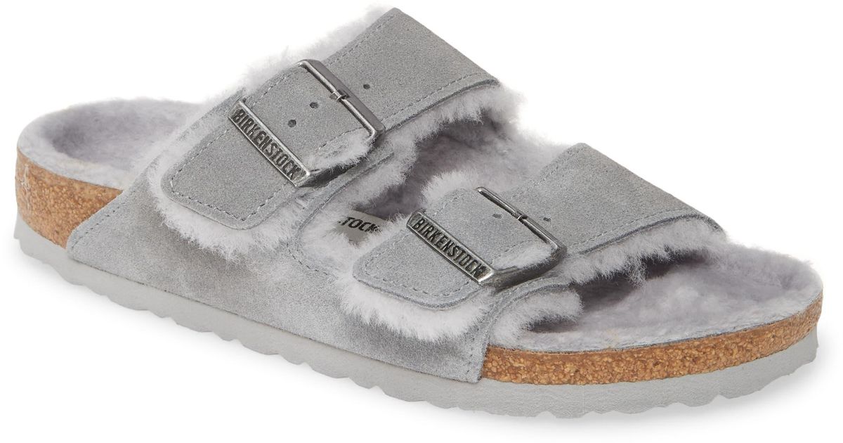 grey fluffy birkenstocks