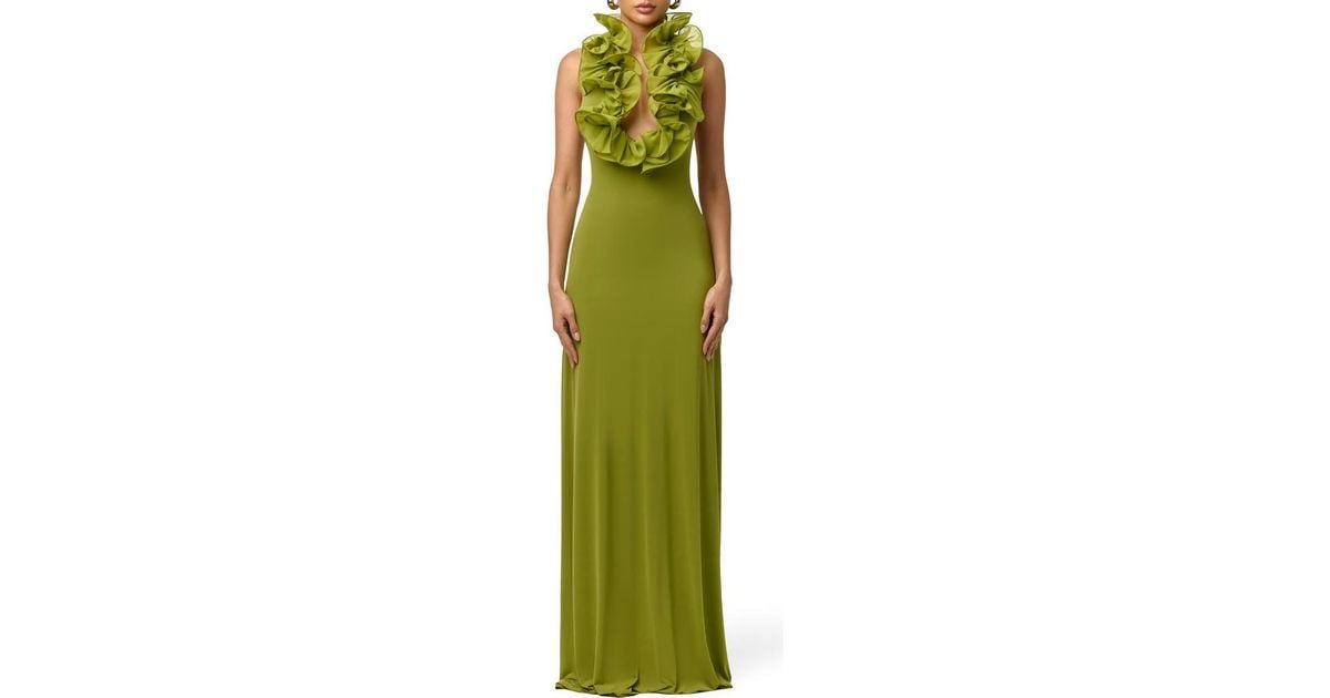 naked green dress Wardrobe Ruffle Plunge Halter Maxi in rose gold cz necklace