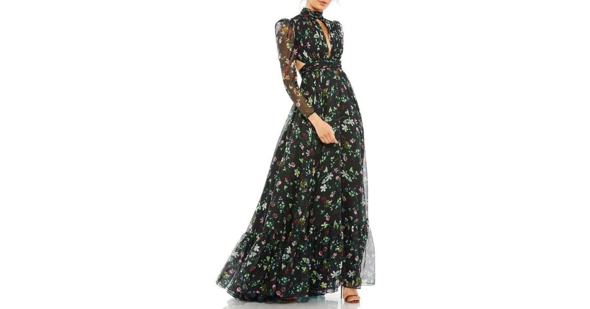 Mac Duggal Floral Chiffon High-Neck Gown With Sheer Puff Sleeves And  Lace-Up Cutouts in Black | Lyst