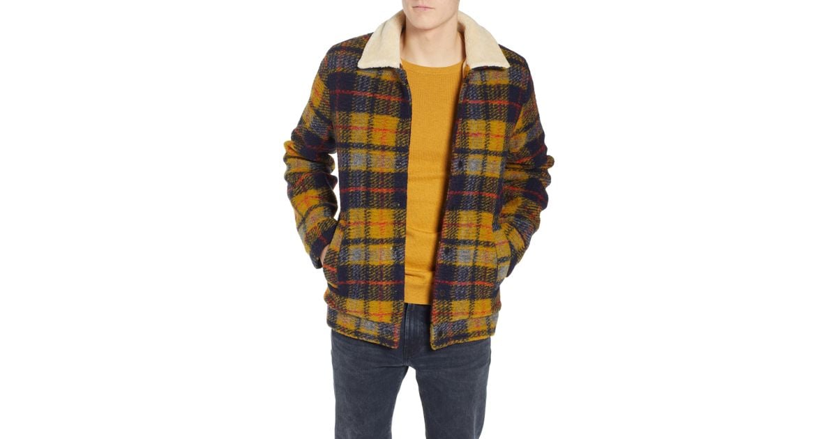 plaid faux shearling lined wool blend trucker jacket