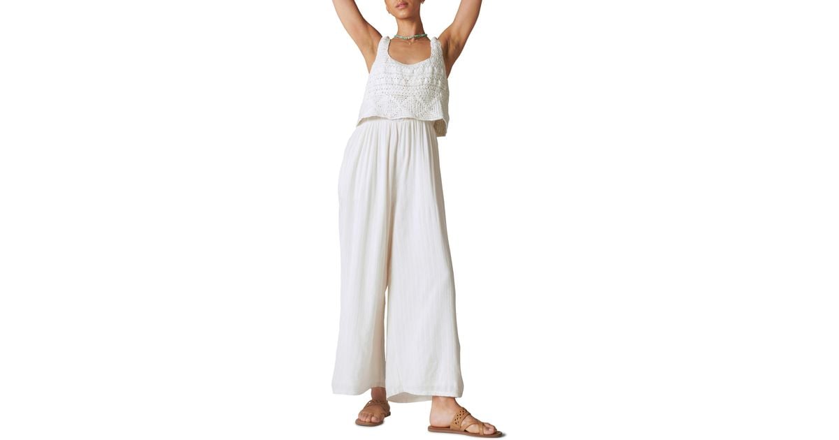 Lucky Brand Crochet Wide Leg Cotton & Linen Jumpsuit in White Lyst