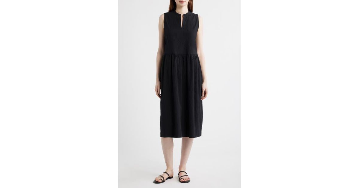 Round Split Neck Eileen Fisher Split Neck Textured Stretch Cotton Dress in Black | Lyst