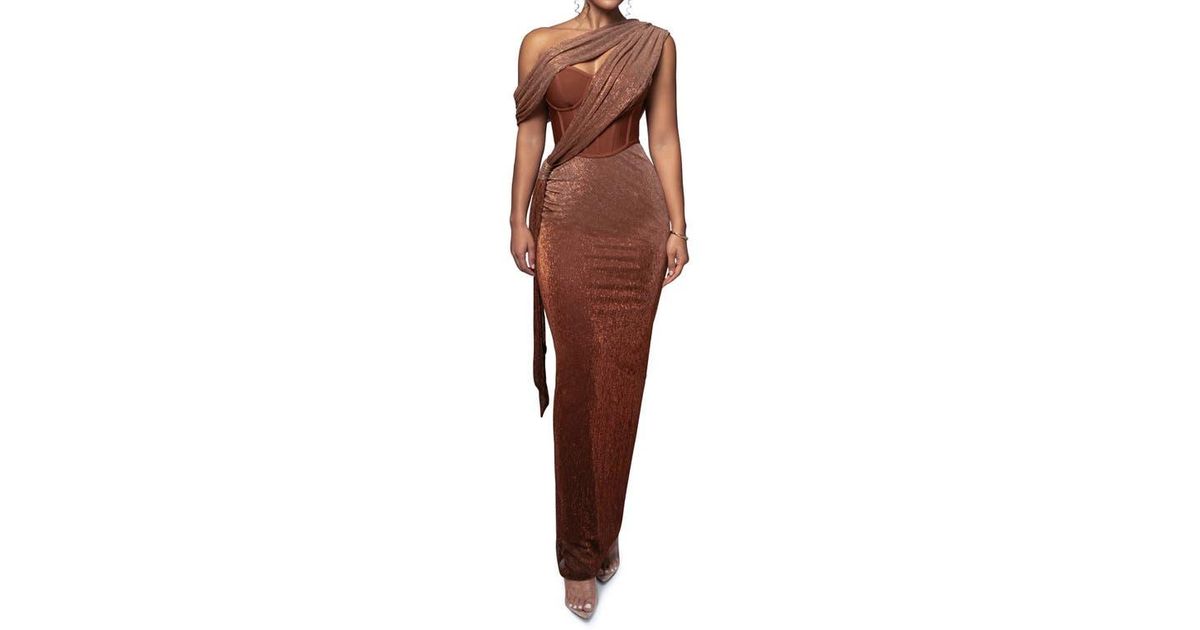 JLUXLABEL Celestina Metallic Drape Gown in Brown | Lyst