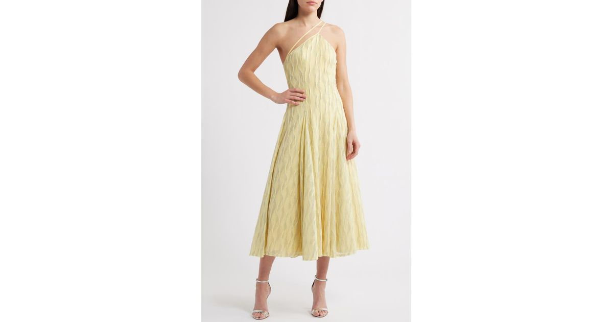 black halo athena midi dress Metallic A-Line in Yellow length column silhouette