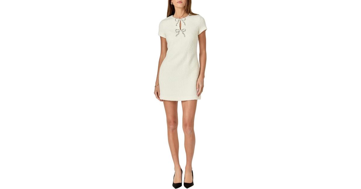 English Factory Rhinestone Bow Tweed Minidress in White | Lyst