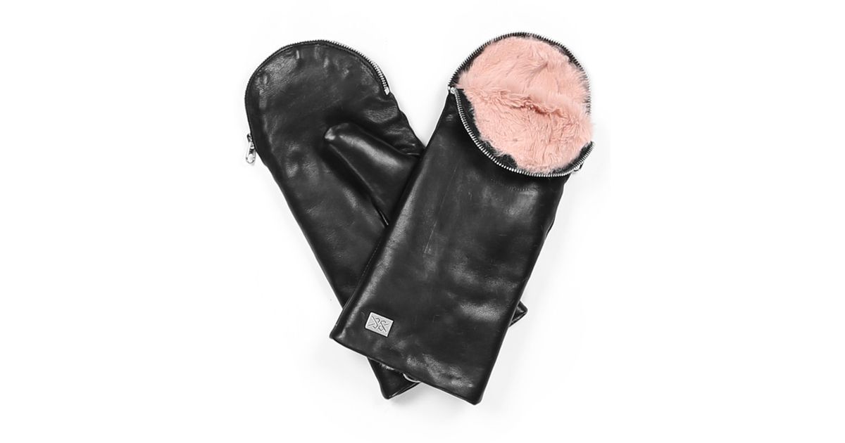 SOIA & KYO Leather Zip Top Mittens With Faux Fur Lining in Black | Lyst