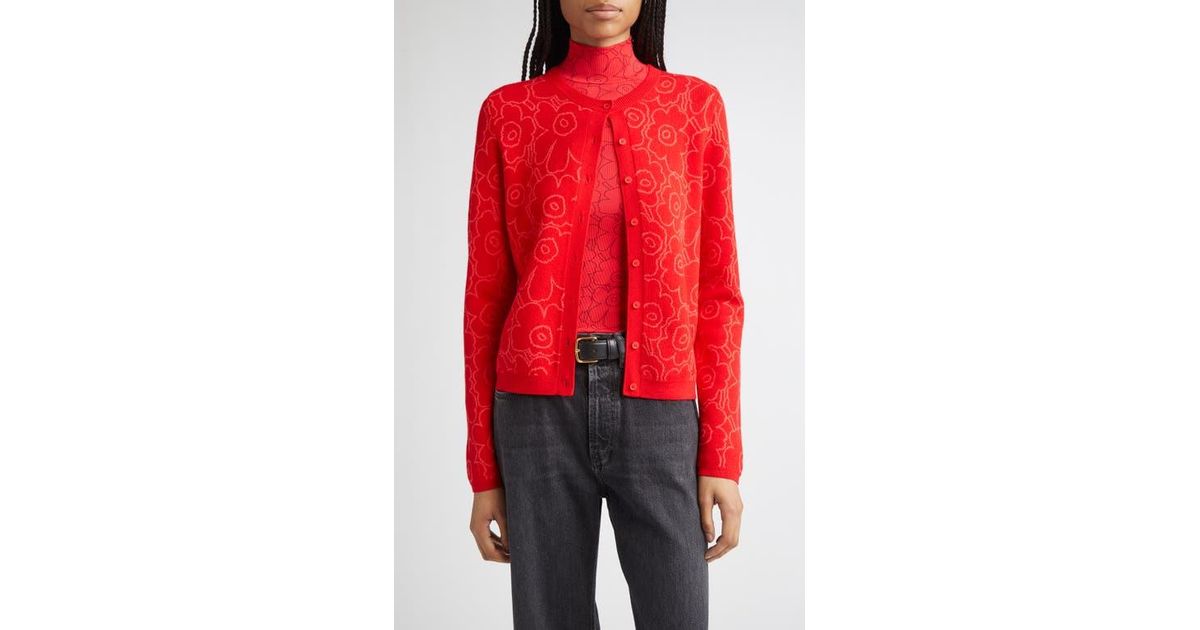 Marimekko Mutka Mini Piirto Unikko Wool Blend Cardigan in Red | Lyst