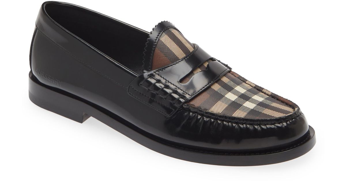 Burberry Shane Check Panel Penny Loafer in Black | Lyst
