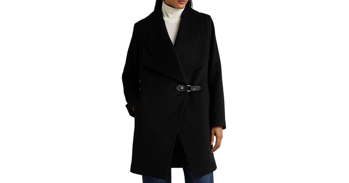 Lauren by Ralph Lauren Buckle Front Wool Blend Coat in Black Lyst