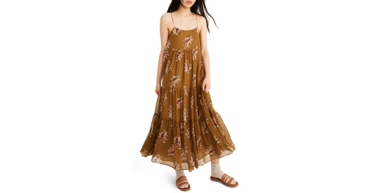 cami tier midi dress in metallic classic corsage