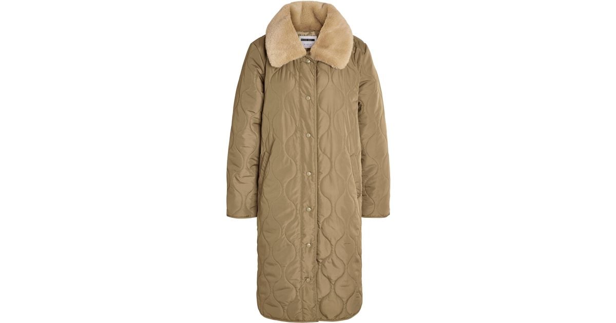 Noisy May Feline Quilted Longline Coat With Faux Fur Collar in Natural