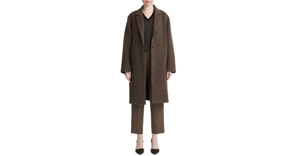 Vince Houndstooth Check Recycled Wool Blend Coat in Brown | Lyst