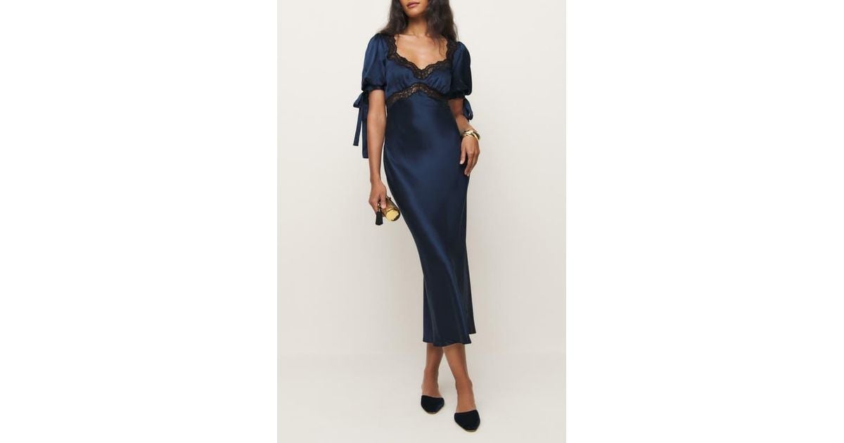 Reformation X Kacey Musgraves Stella Lace Trim Silk Midi Dress in Blue | Lyst Reformation X Kacey Musgraves Stella Lace Trim Silk Midi Dress in Blue | Lyst