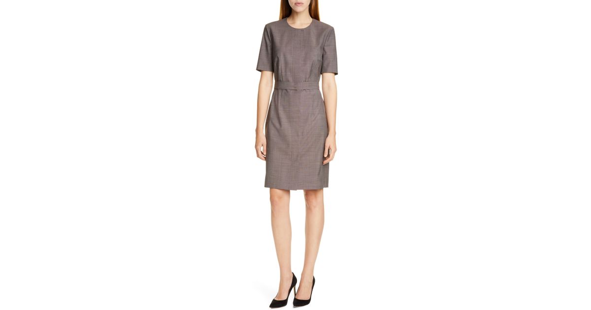BOSS Shift Dress In Italian Virgin Wool With Belt Detail in Brown (Gray ...