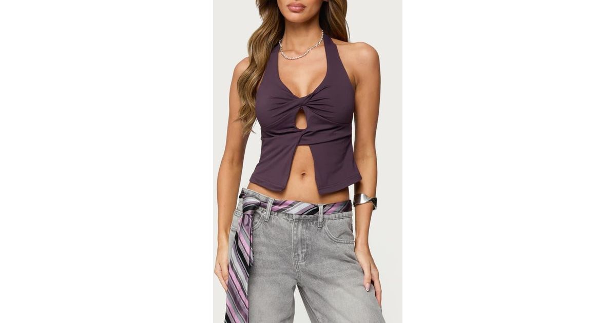 Split Crop Top String Edikted Prima Twist Split Front Halter Crop Top in Blue | Lyst