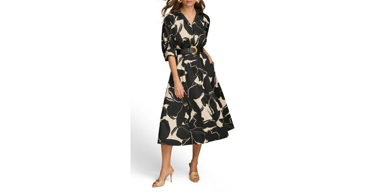 knee length dresses for ladies Midi Shirt Dress in Black Floral Print