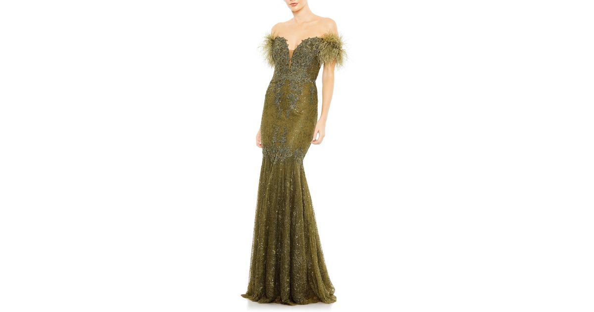 Mac Duggal Beaded Feather Trim Off The Shoulder Mermaid Gown in Green