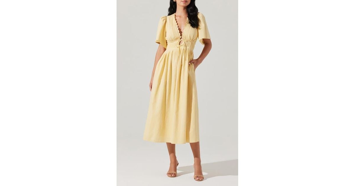 Astr Hadleigh Scallop Detail Cotton Blend Midi Dress in Yellow | Lyst