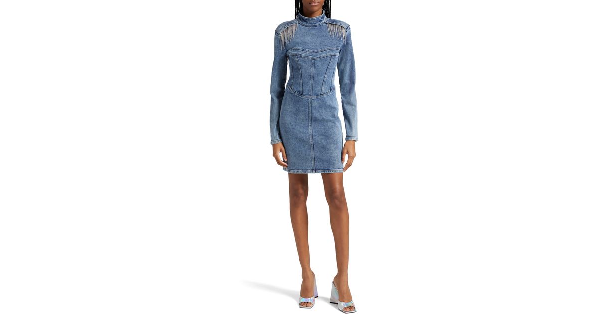 Gestuz Crystal Fringe Long Sleeve Denim Minidress in Blue Lyst