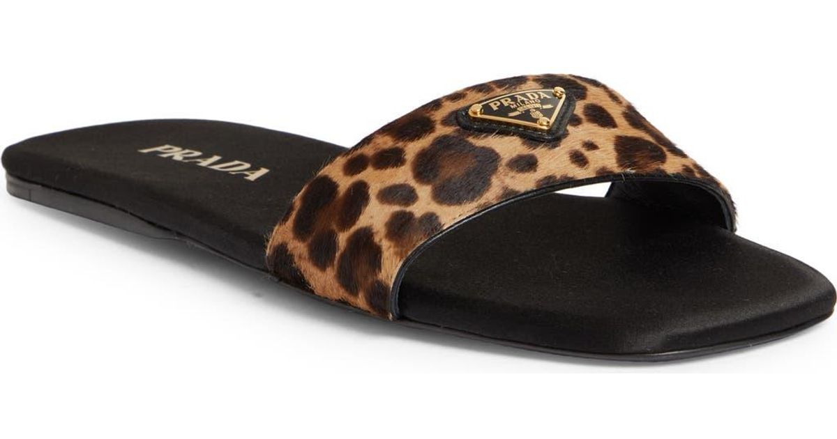 Prada Animal Print Genuine Calf Hair Slide Sandal in Brown