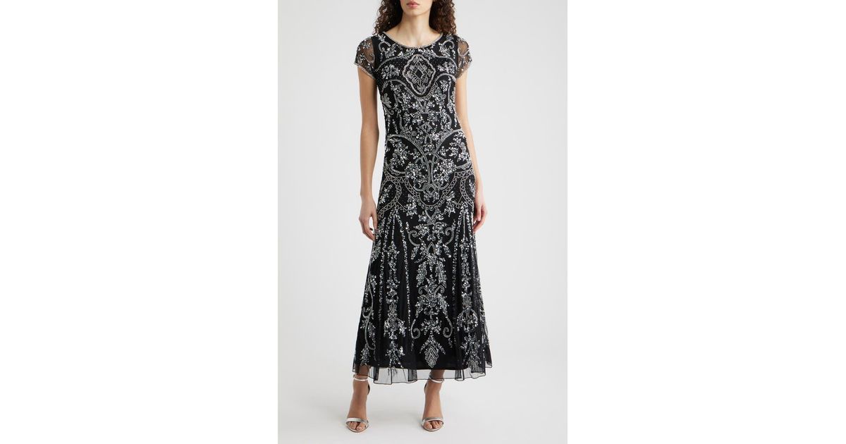 Pisarro Nights Beaded Mesh Midi Cocktail Dress in Black