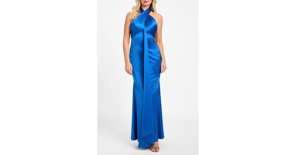Marciano Aretha Halter Satin Gown in Blue | Lyst Marciano Aretha Halter Satin Gown in Blue | Lyst