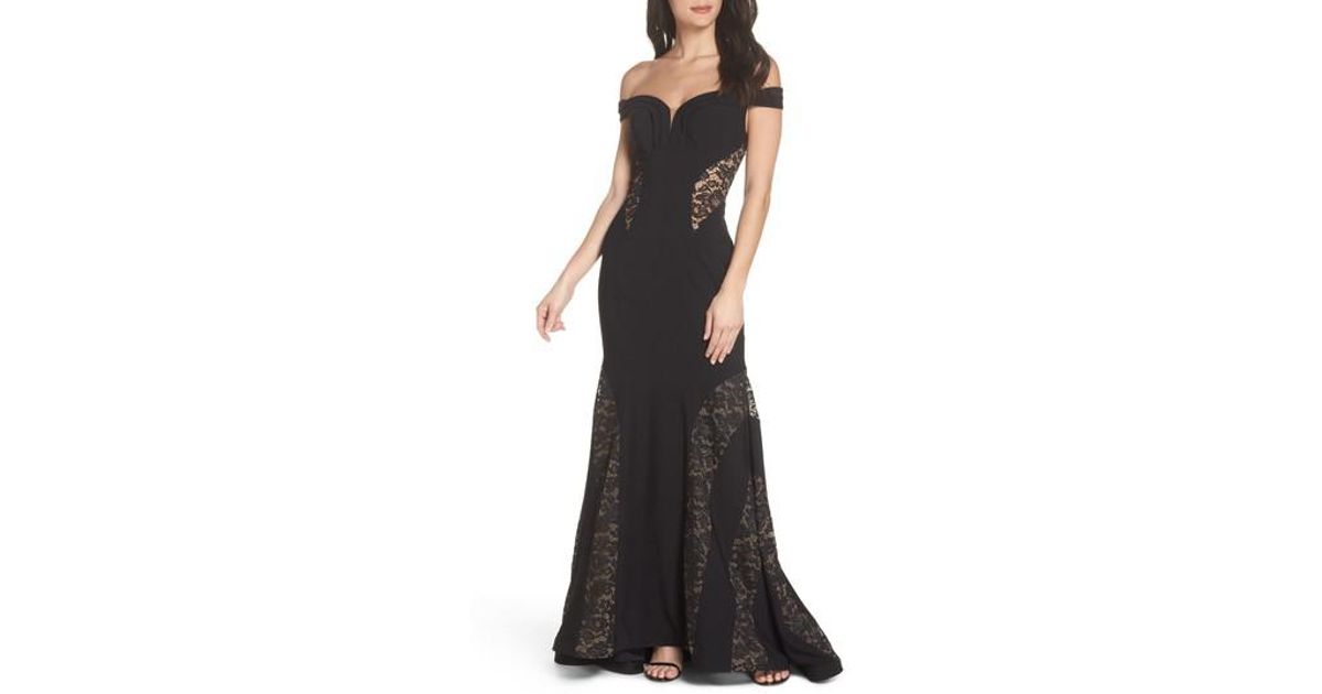 xscape off the shoulder lace gown