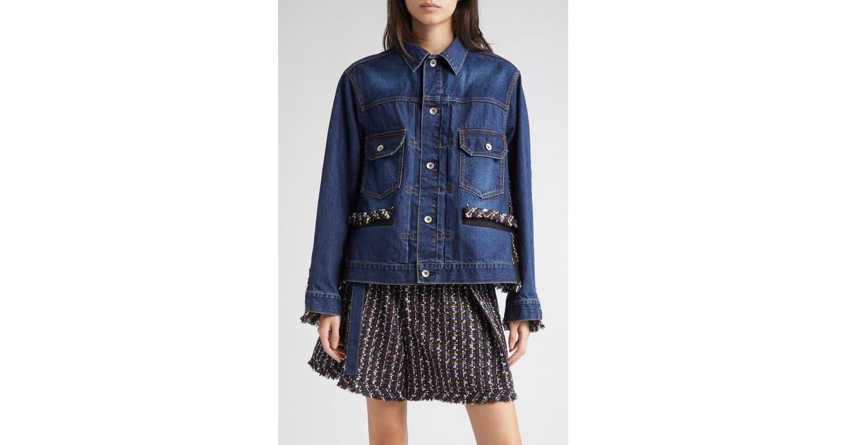 Sacai Mixed Media Denim & Tweed Trucker Jacket in Blue | Lyst
