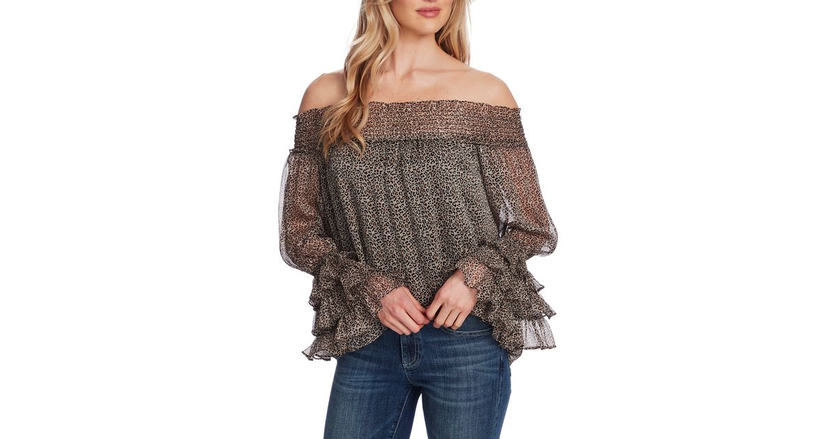 cece leopard print off the shoulder ruffle blouse