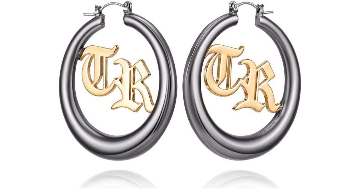TRUE RELIGION Tr Logo Hoop Earrings In Metallic Lyst true-religion-tr-logo-hoop-earrings-in-metallic-lyst
