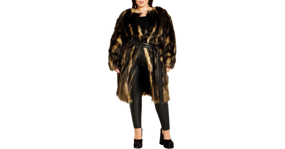 City Chic Diva Belted Faux Fur Coat in Black | Lyst