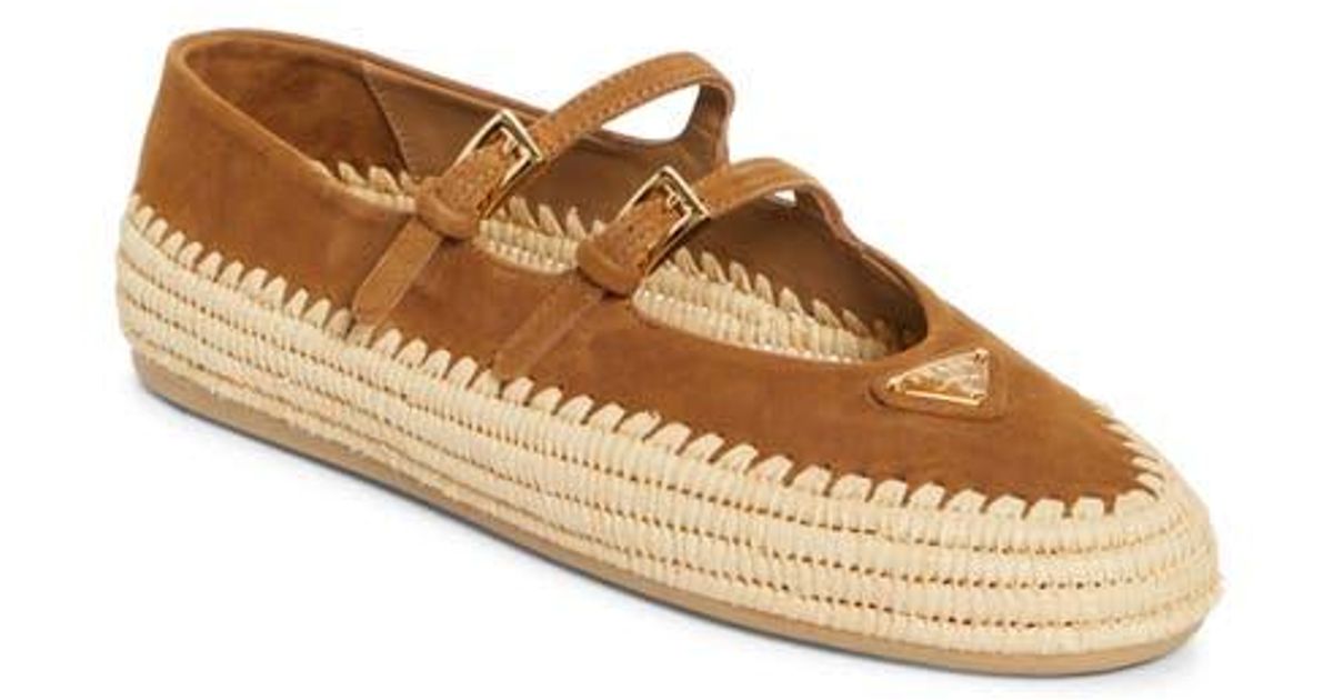 Prada Raffia Double Strap Mary Jane Flat in Brown | Lyst