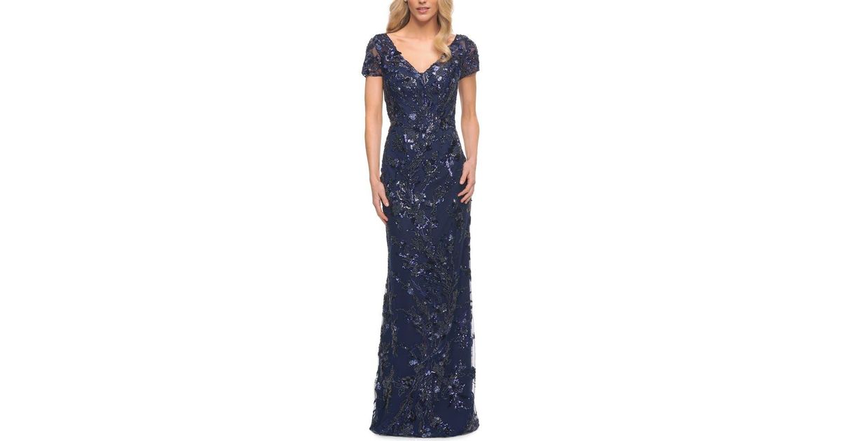 Classic V-Neck Beaded Long Sleeve Gown