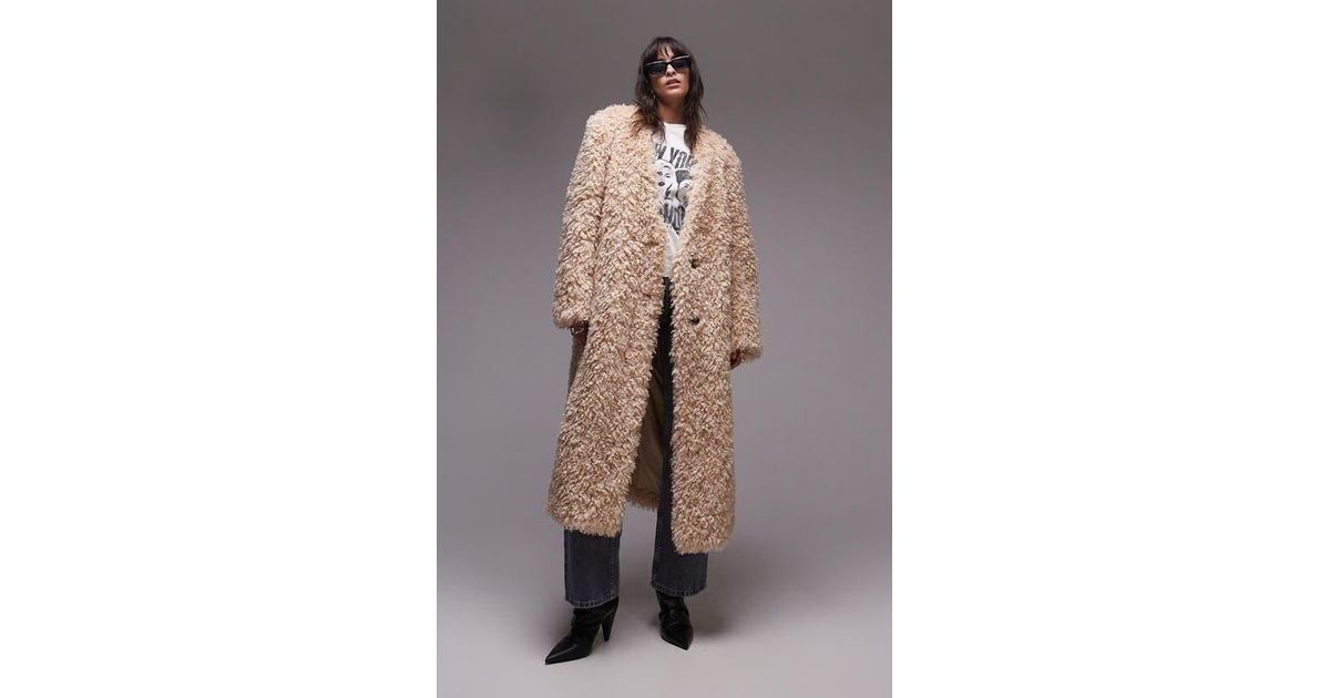 Topshop faux fur longline stripe coat in brown