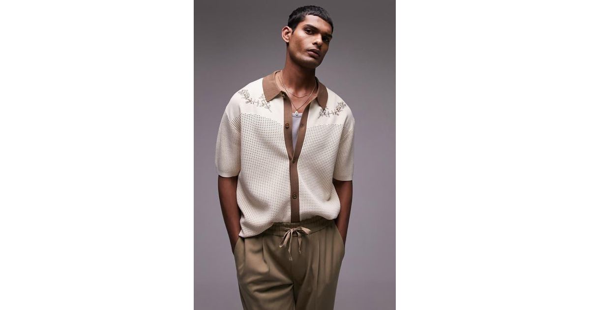 TOPMAN Embroidered Open Knit Button-Up Shirt for Men | Lyst