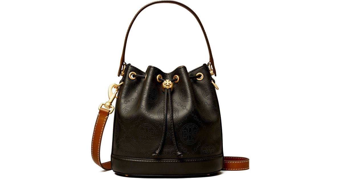 Tory Burch T-monogram Perforated Leather Bucket Bag in Black | Lyst
